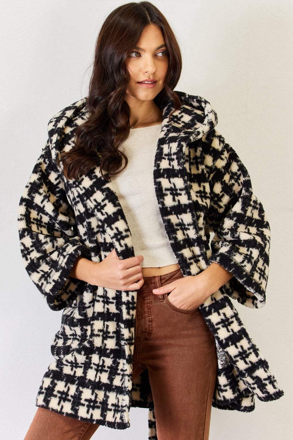 J.NNA Fuzzy Plaid Waist Tie Hooded Robe Cardigan Black Sleep Dresses - Tophatter Daily Deals