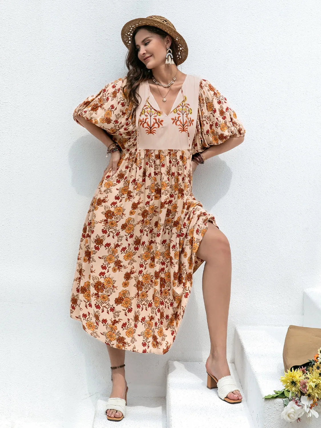 Plus Size Printed Tie Neck Half Sleeve Midi Dress Floral Casual Dresses - Tophatter Daily Deals