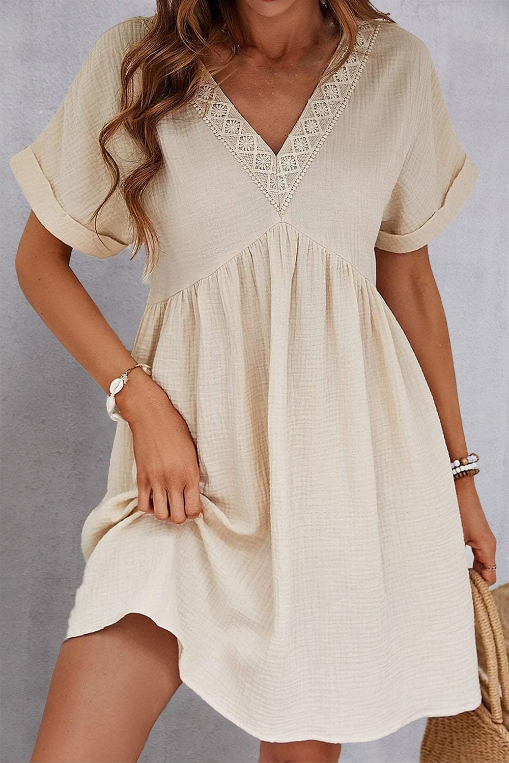 V-Neck Short Sleeve Dress Cream Casual Dresses - Tophatter Daily Deals