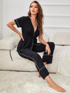 Contrast Piping Belted Top and Pants Pajama Set Loungewear Sets - Tophatter Daily Deals