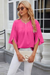 Round Neck Slit Half Sleeve Top Hot Pink Women's T-Shirts - Tophatter Daily Deals