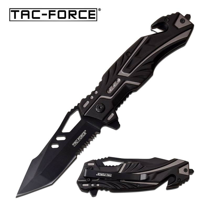 Gray Black Serrated Tanto Blade Rescue Spring-Assist Folding Knife - Tophatter's Inc. Weapons Store Online Collectible Weapons - Tophatter Daily Deals