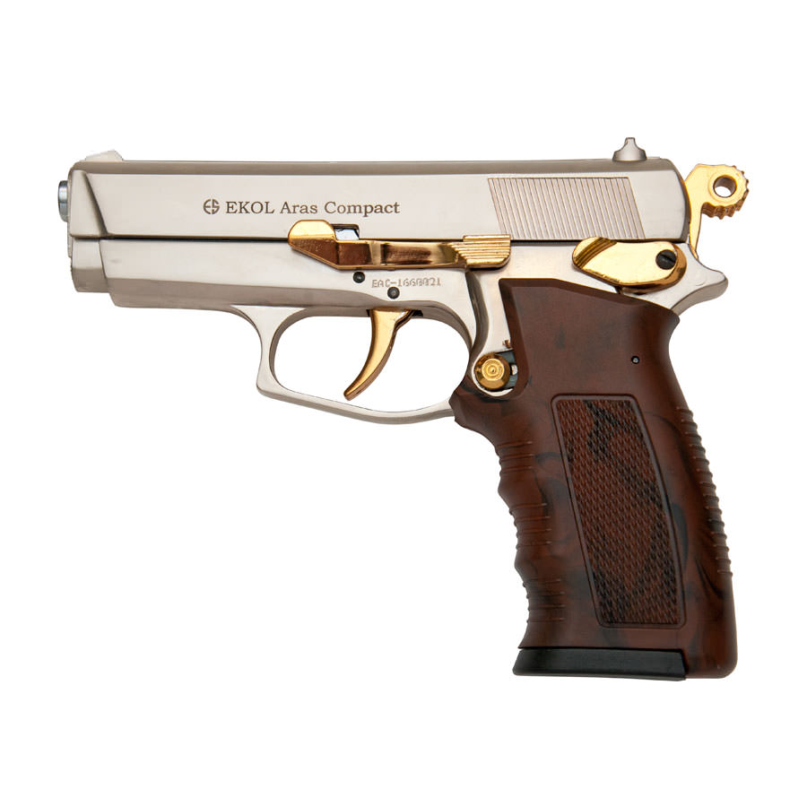 ARAS Compact HP Satin Finish With Gold Fittings - 9MM Blank Gun - Tophatter's Guns'N'Weapons Store Collectible Weapons - Tophatter Daily Deals