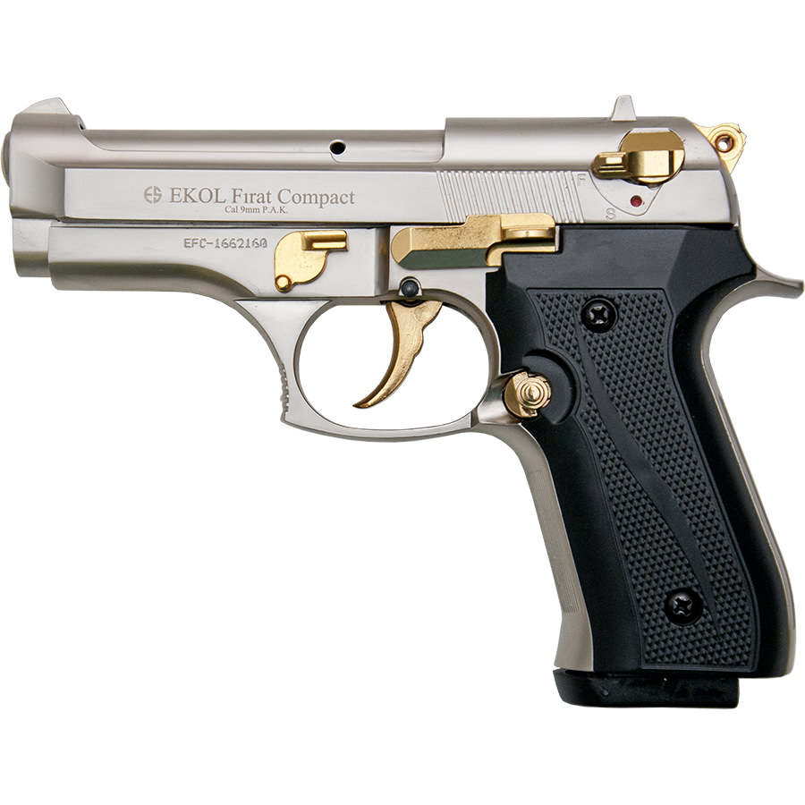 Firat Compact V92F Satin Finish With Gold Fittings - Blank Firing Gun - Tophatter's Guns'N'Weapons Store Collectible Weapons - Tophatter Daily Deals