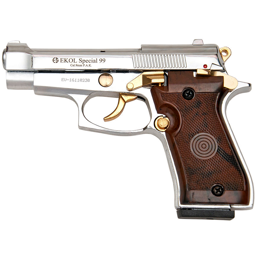 Special 99 V85 Blank Firing Gun Replica Chrome Finish With Gold Fittings - Tophatter's Guns'N'Weapons Store Collectible Weapons - Tophatter Daily Deals
