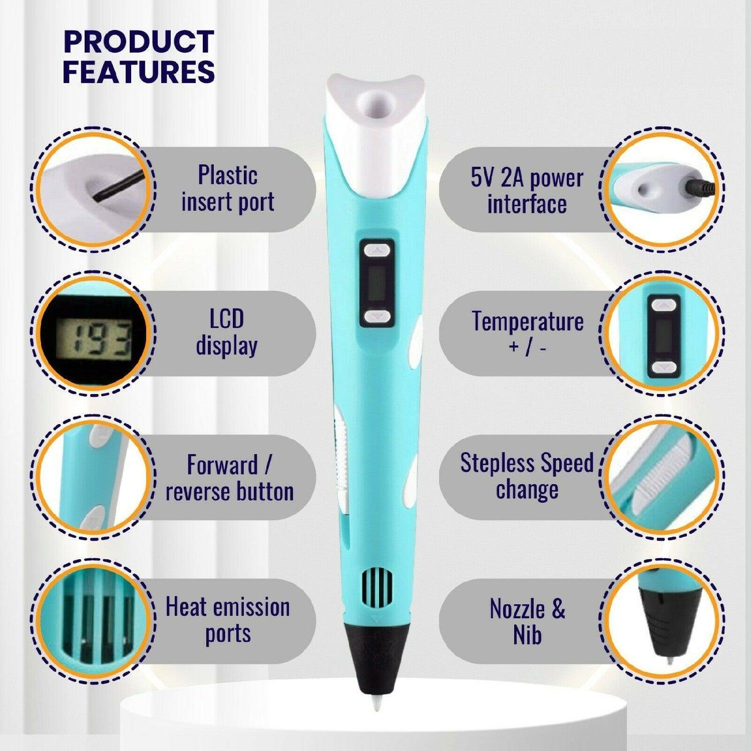 3D Doodle Pen with Filament Refill - LCD 3D Drawing Pen with 12 Colors PLA Filament USB Charging Accessories - Tophatter Daily Deals