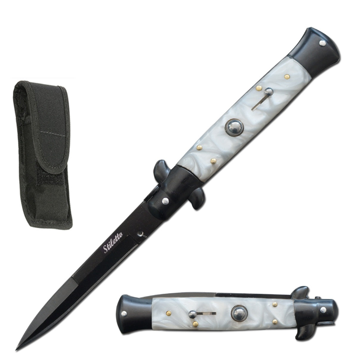 8.75" Italian Stiletto Automatic Knife White Pearl Handle - TOPHATTER'S ARMORY DEALS Collectible Weapons - Tophatter Daily Deals