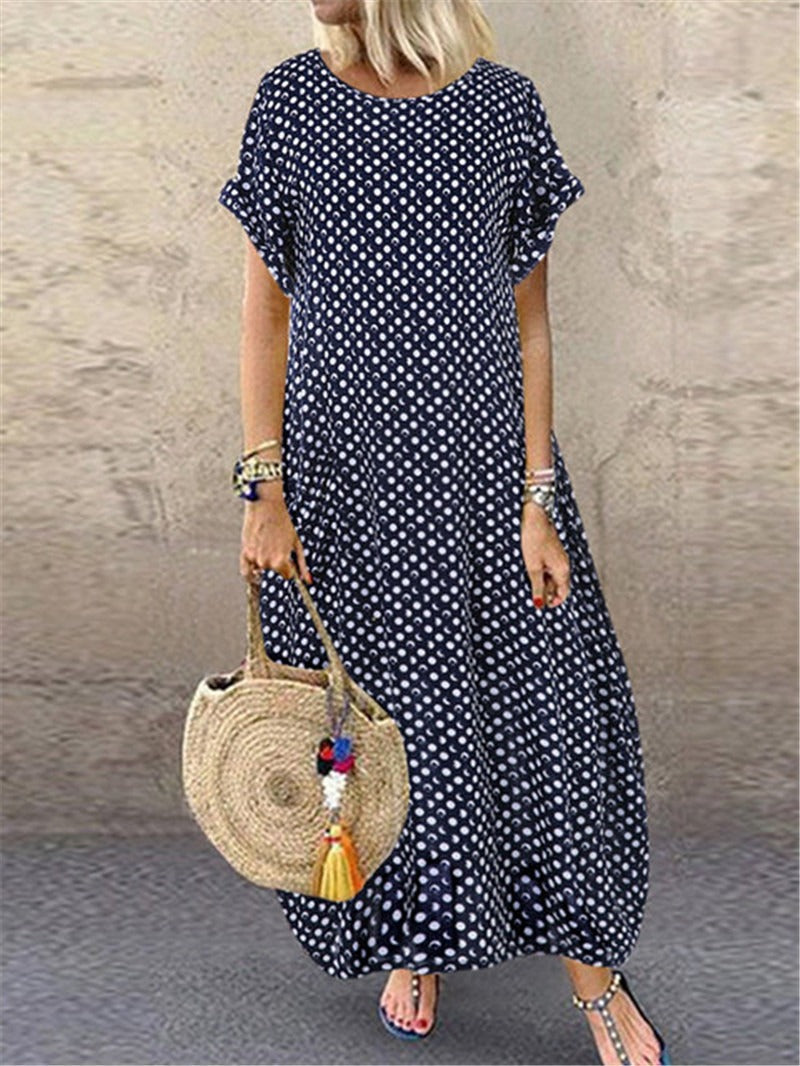 Summer Polka Dot Print Short Sleeve Plus Size Dress Dark Blue Maxi Dresses - Tophatter Daily Deals