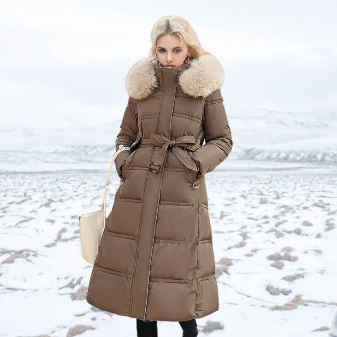 Insulating Women’s Puffer Coat - Quilted, Fur Trimmed Coffee with beige collar - Tophatter Daily Deals