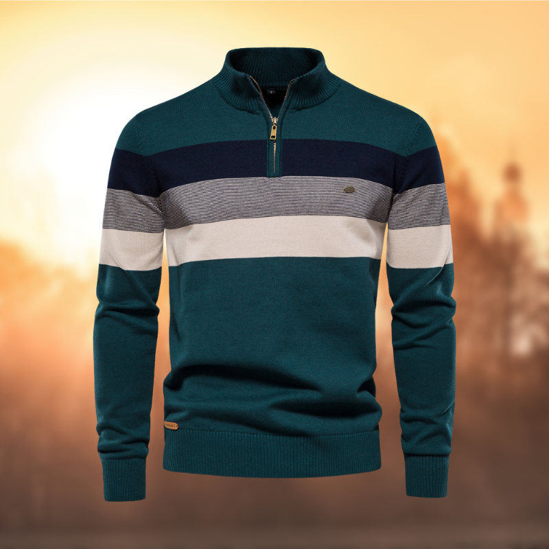 Soft Classic Men’s Zip Pullover - Striped Cotton Casual Green - Tophatter Daily Deals