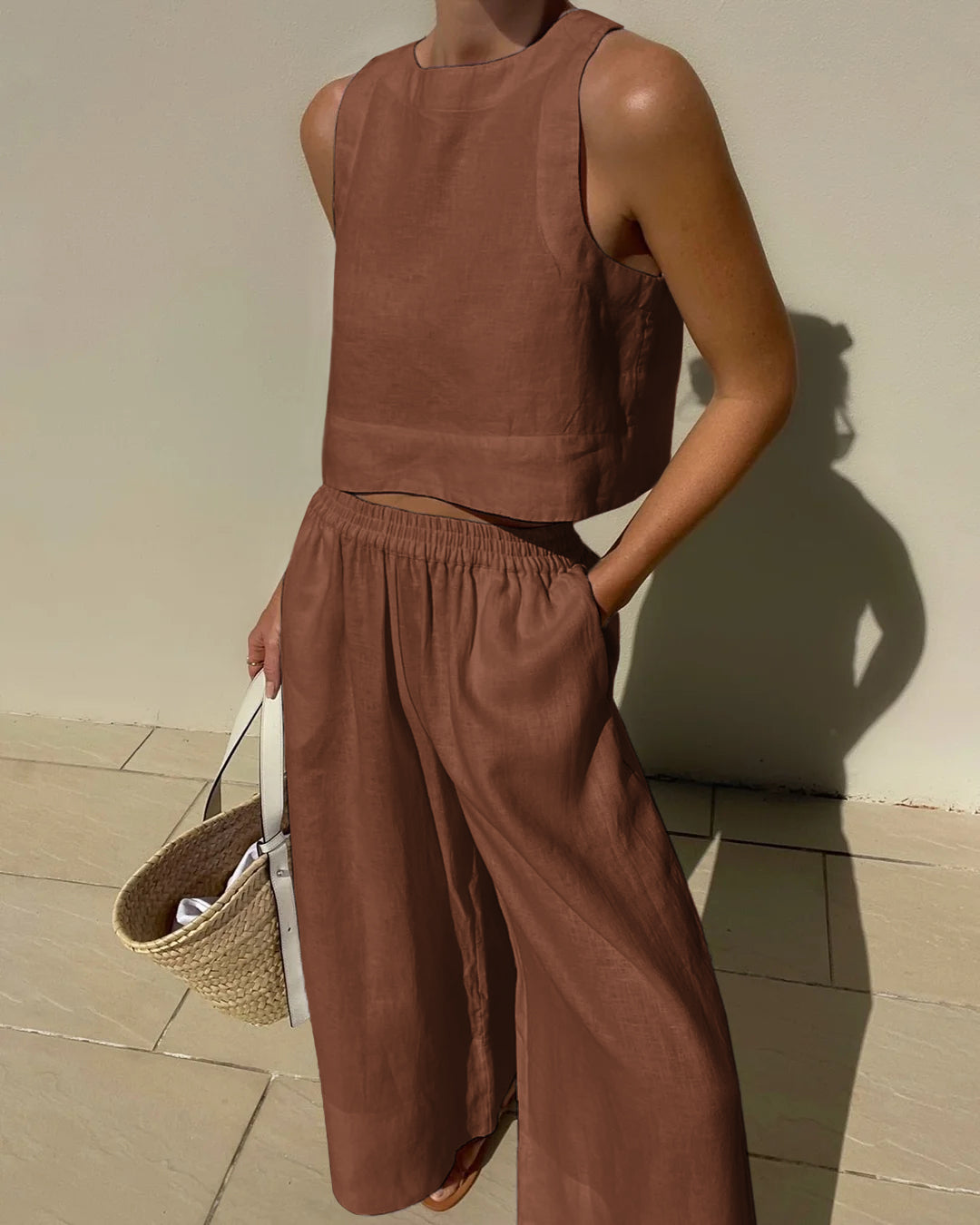 Crop Tops Wide Leg Pants Set Brown Two Pieces Sets - Tophatter Daily Deals