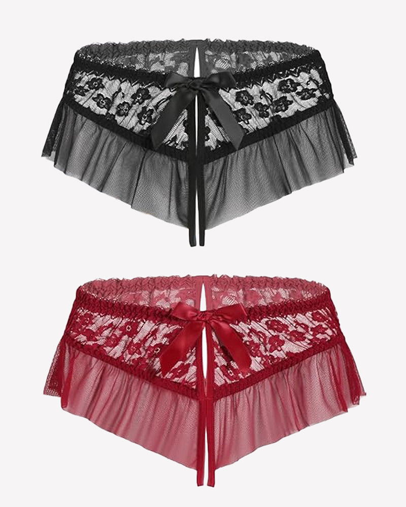 Floral Lace Briefs with Cute Bow Wine Red+Black Lingeries-panties - Tophatter Daily Deals