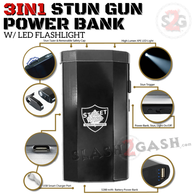 3-In-1 Stun Gun Power Bank Phone Charger w/ LED Flashlight 28M Volts SD-StunGun - Tophatter Daily Deals