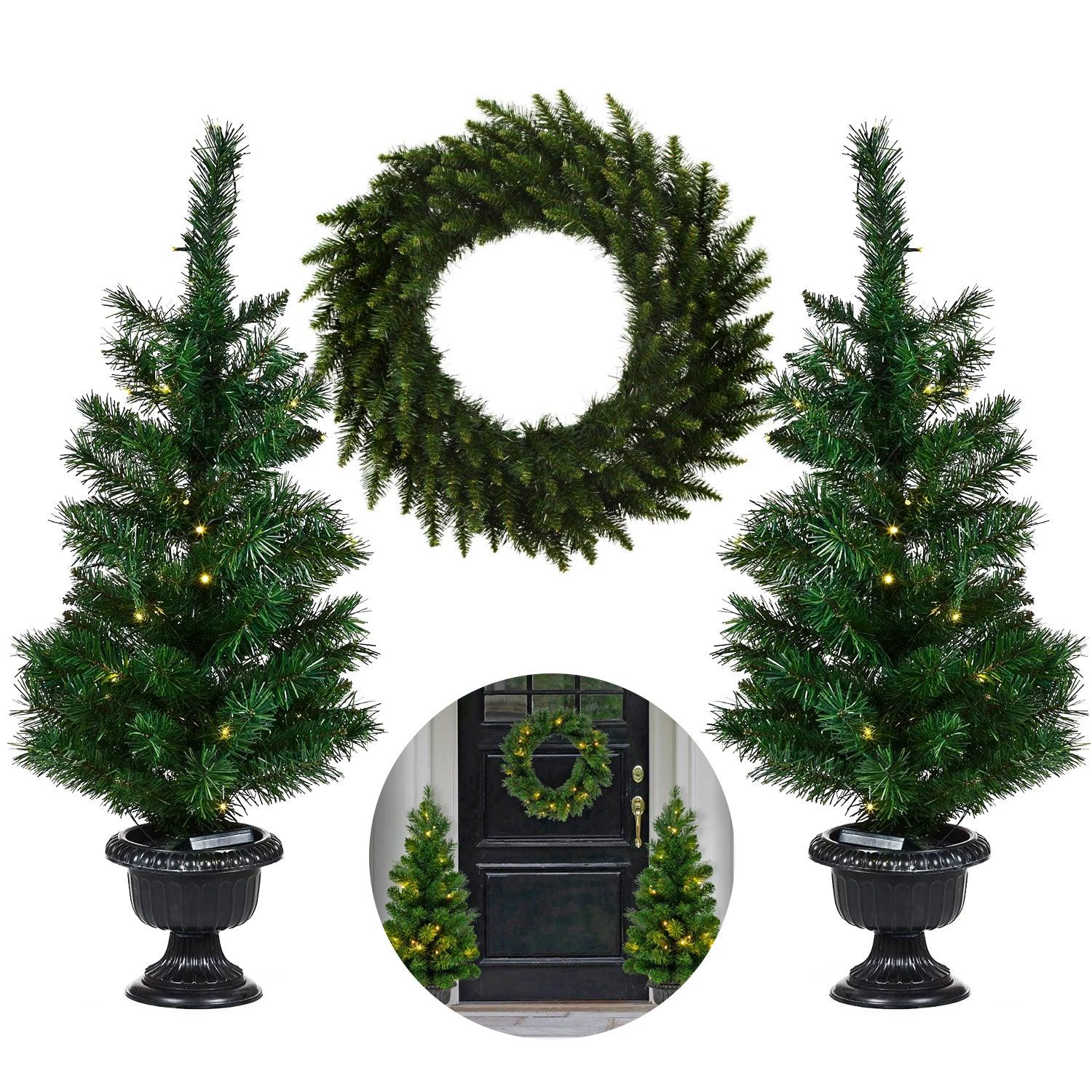 Xmas Tree Decorations Set- 3 Pcs Christmas Trees Wreath And LED Light Up Bulb Set Christmas - Tophatter Daily Deals