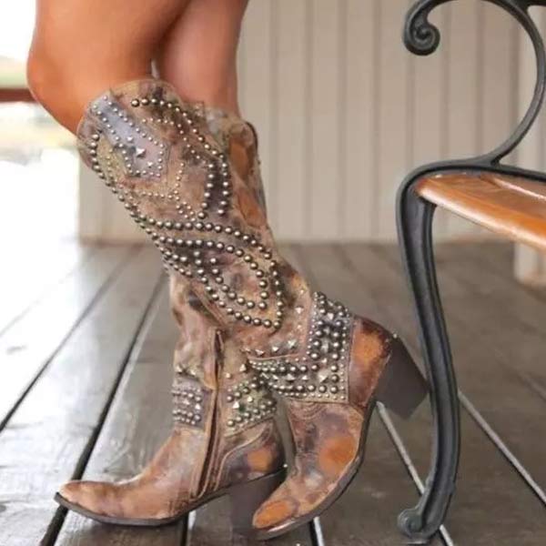 Supportive Women's Knee-High Boots - Studded Leather Brown - Tophatter Daily Deals