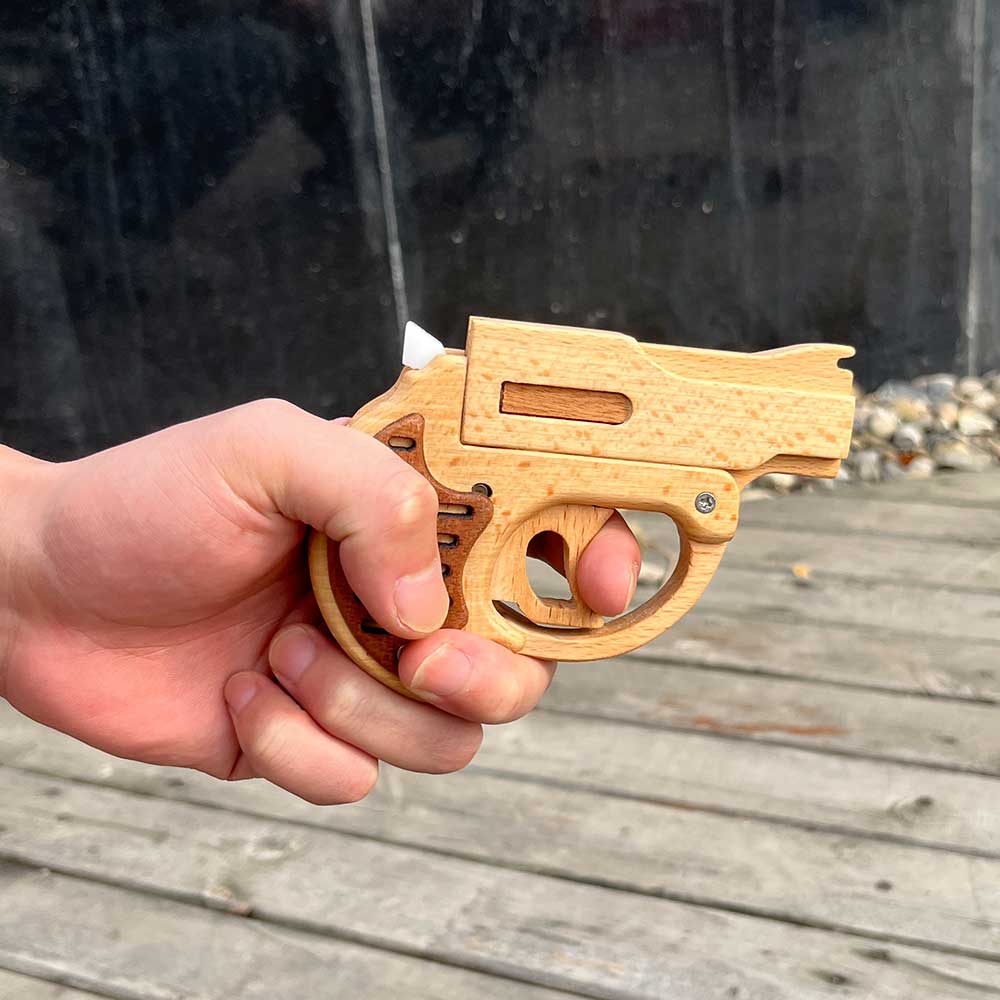 Mini Revolver Assembled Solid Wood Rubber Band Gun - Tophatter Daily Deals