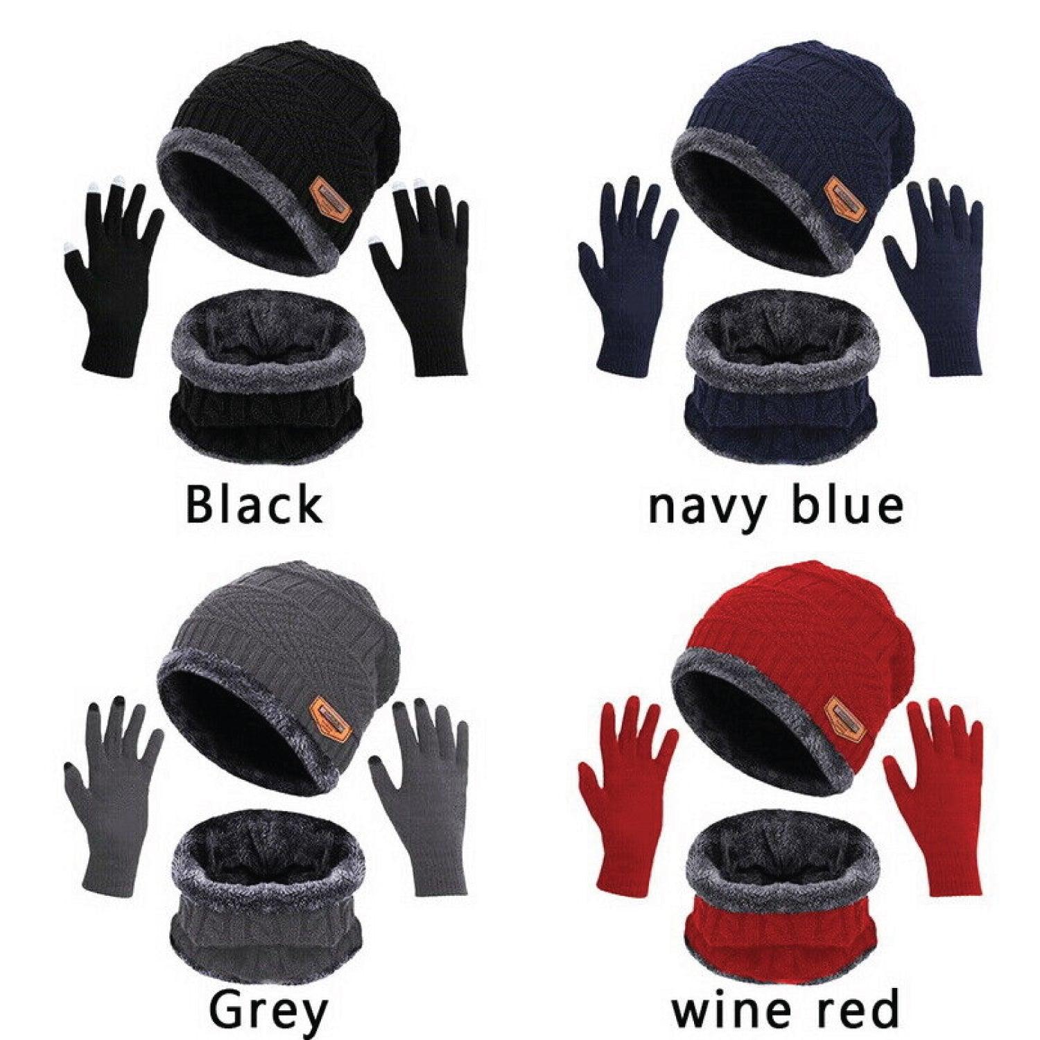 Hat Scarf and Gloves Set - 3pcs Mens Winter Thermal Beanie Knit Hat Glove Neck Scarf Set Men Ski Snow Caps Winter Warm - Tophatter Daily Deals