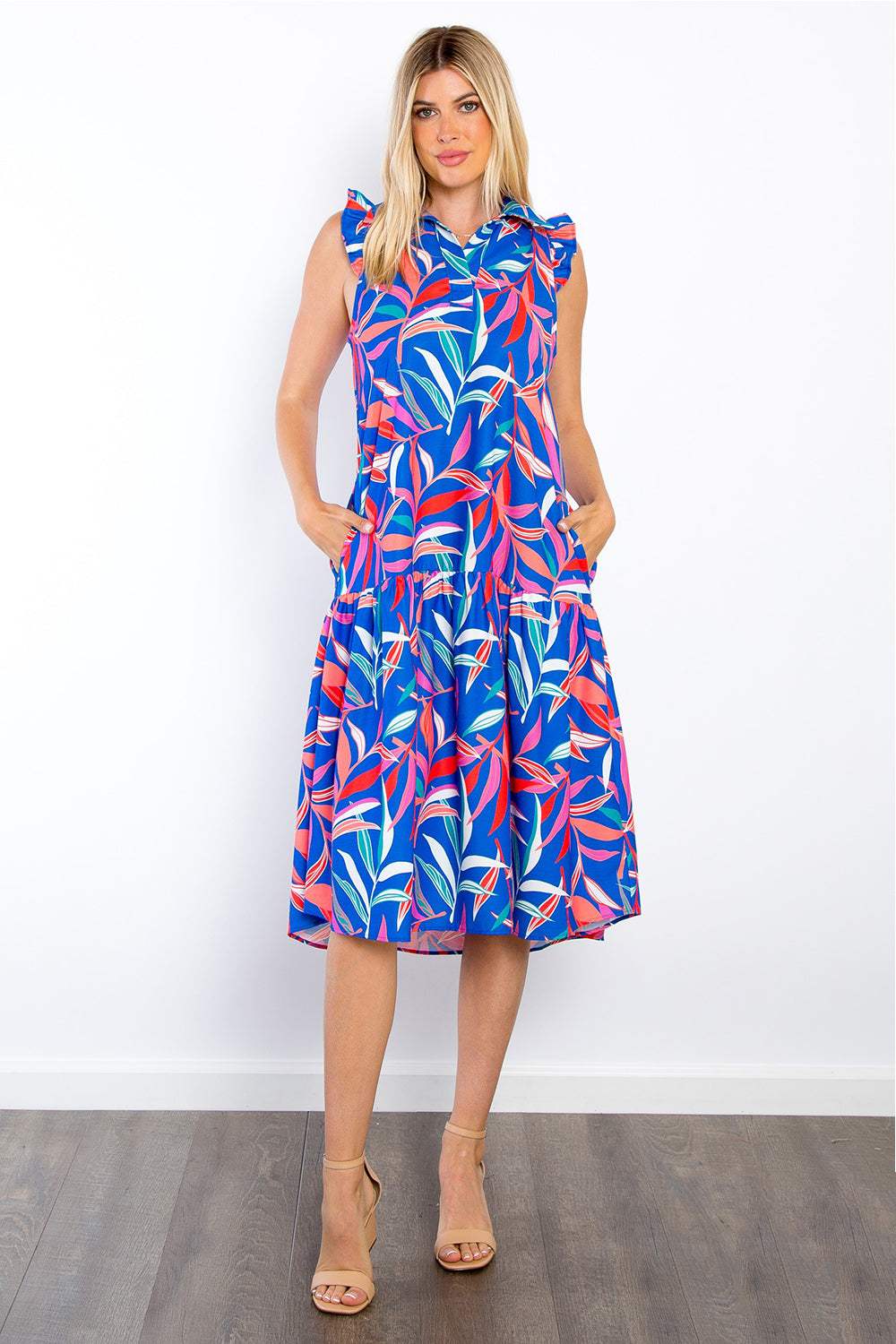 Be Stage Print Ruffled Midi Dress with Pockets Royal Blue Casual Dresses - Tophatter Daily Deals