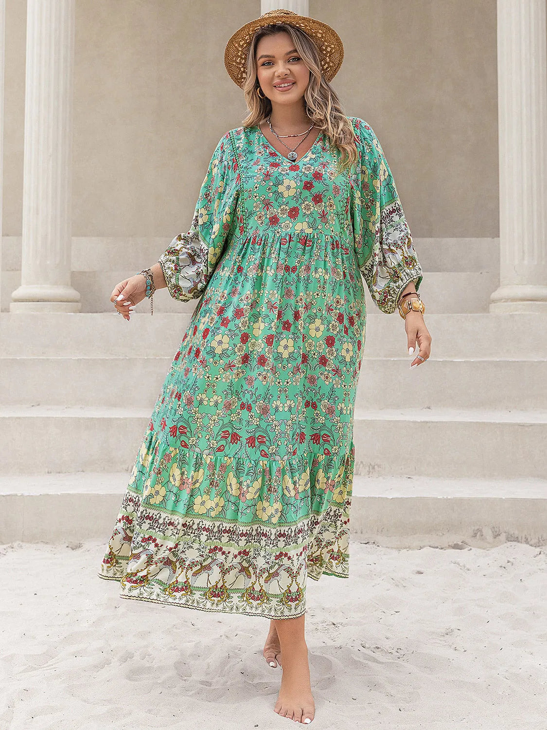 Plus Size Floral V-Neck Balloon Sleeve Midi Dress Casual Dresses - Tophatter Daily Deals