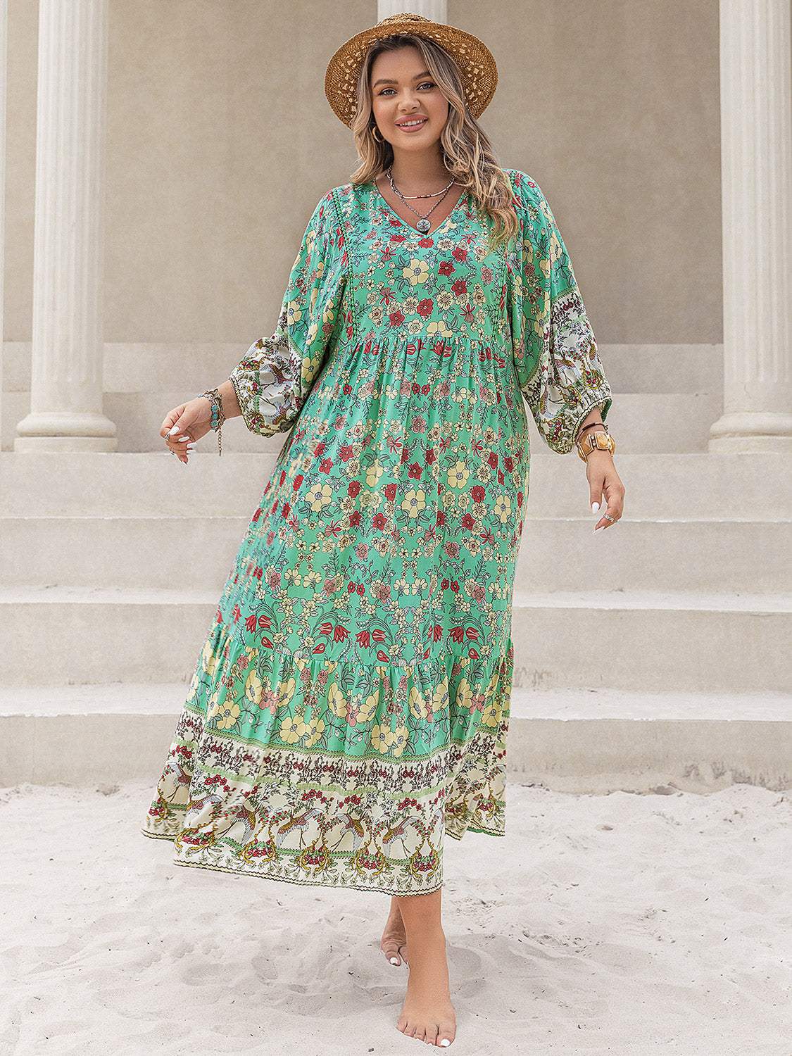 Plus Size Floral V-Neck Balloon Sleeve Midi Dress Mid Green Casual Dresses - Tophatter Daily Deals