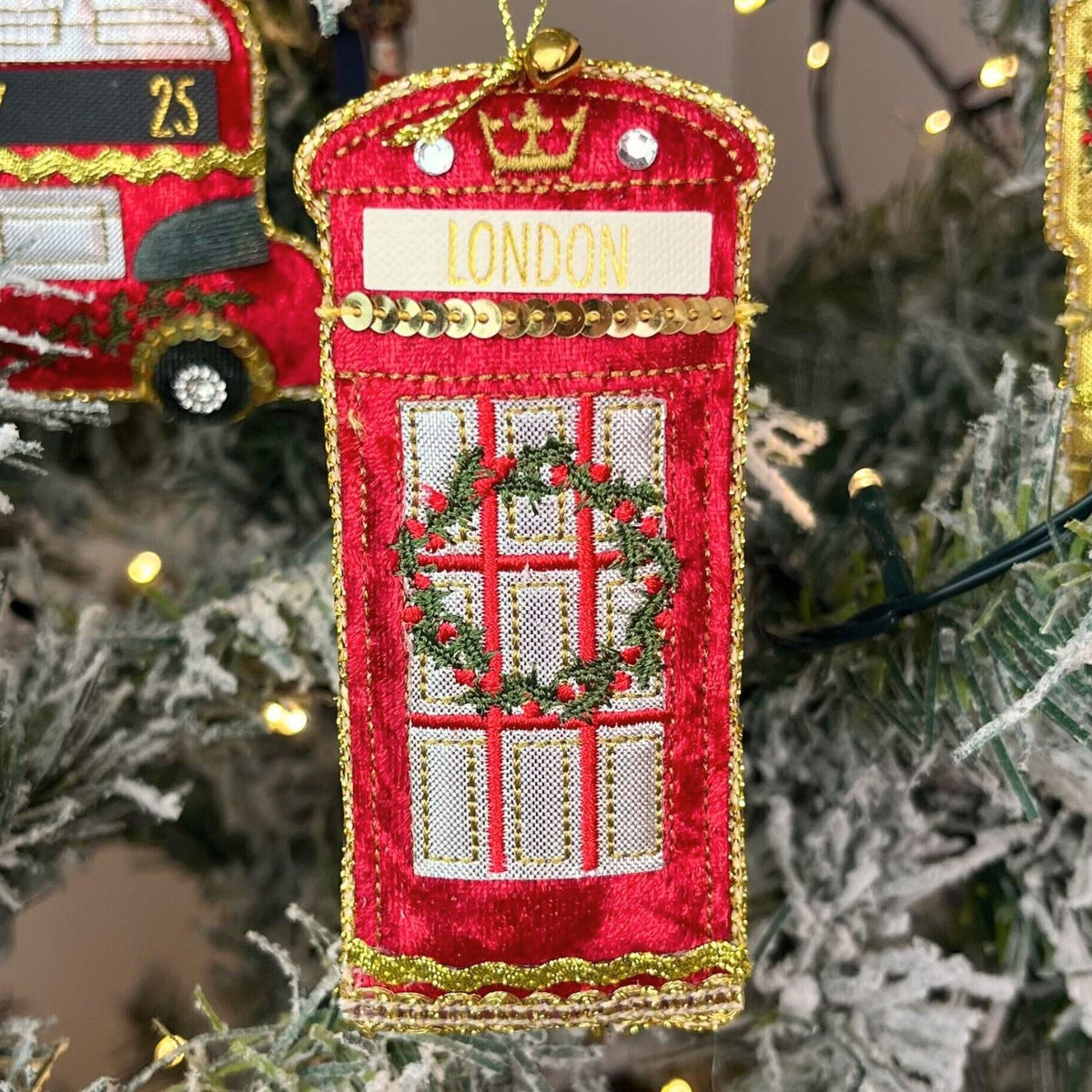London Phone Box Bauble | Luxury Fabric Christmas Tree Hanging Ornament - 11cm Baubles - Tophatter Daily Deals