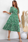 Floral Tie Waist Puff Sleeve Midi Dress Casual Dresses - Tophatter Daily Deals