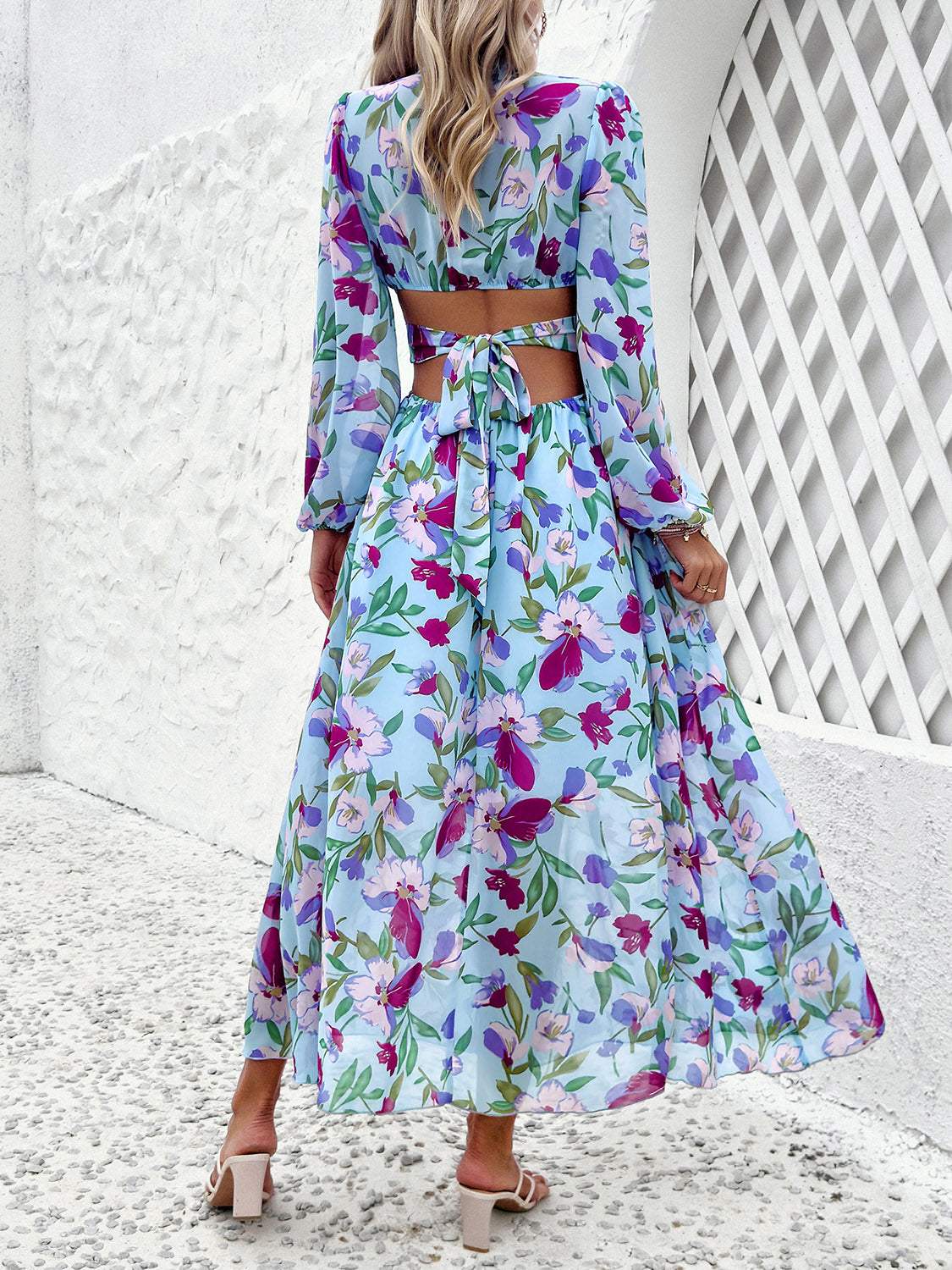 Cutout Printed V-Neck Balloon Sleeve Dress Casual Dresses - Tophatter Daily Deals