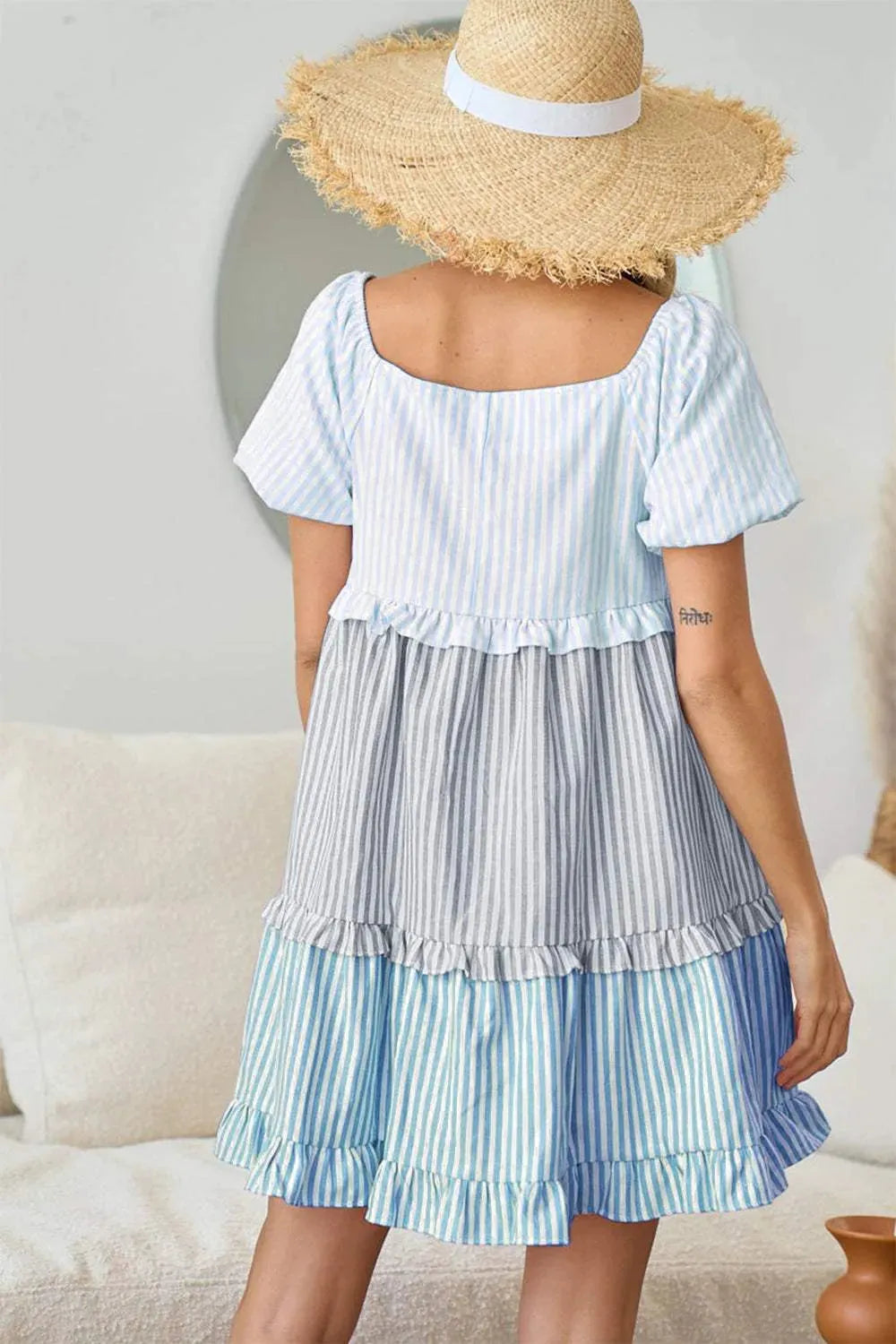 BiBi Striped Ruffle Tiered Mini Dress Casual Dresses - Tophatter Daily Deals