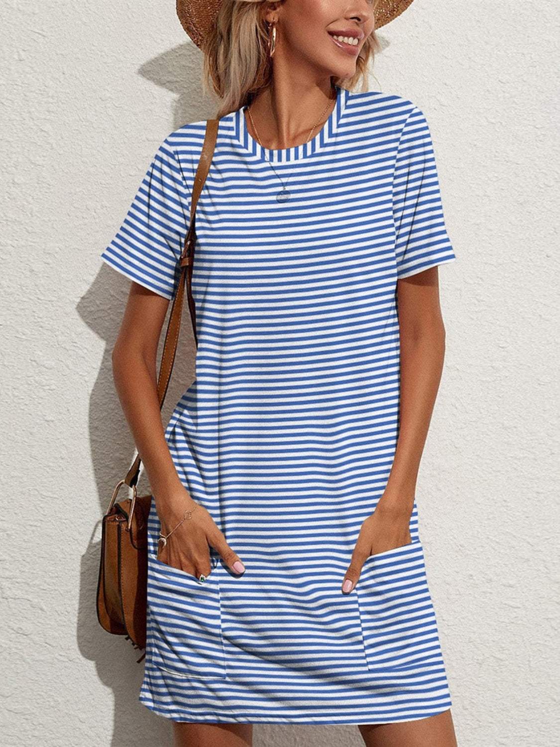 Pocketed Striped Round Neck Short Sleeve Dress Ultra marine Casual Dresses - Tophatter Daily Deals