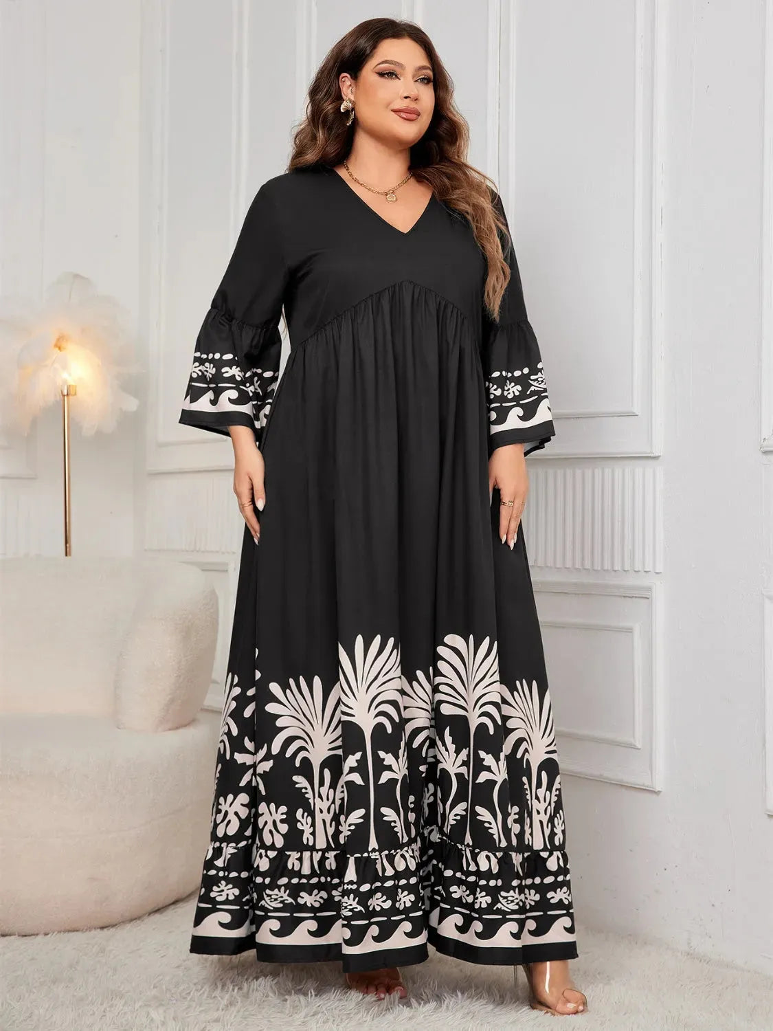 Plus Size Printed V-Neck Long Sleeve Maxi Dress Casual Dresses - Tophatter Daily Deals