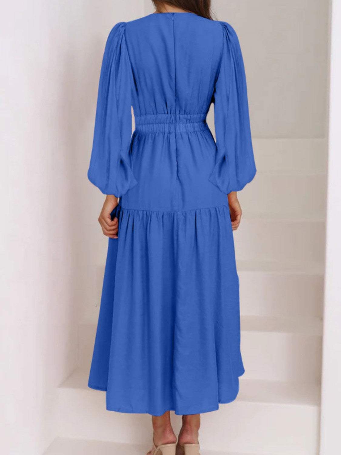 Deep V-Neck Balloon Sleeve Plain Maxi Dress Casual Dresses - Tophatter Daily Deals