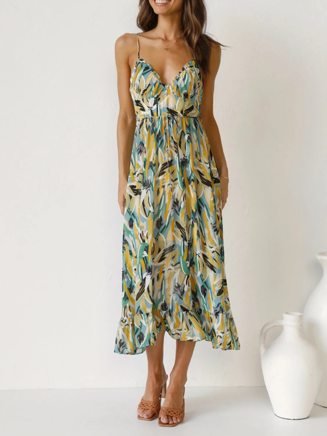 Printed Sleeveless Midi Cami dress Gum Leaf Casual Dresses - Tophatter Daily Deals