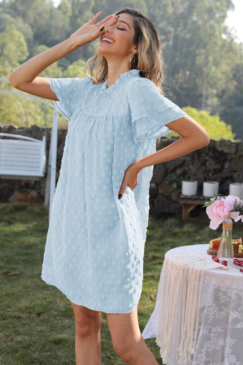 Swiss Dot Round Neck Flutter Sleeve Dress Pastel Blue Casual Dresses - Tophatter Daily Deals