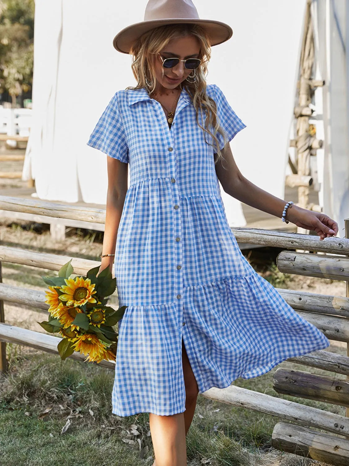 Button Up Plaid Short Sleeve Midi Dress Casual Dresses - Tophatter Daily Deals