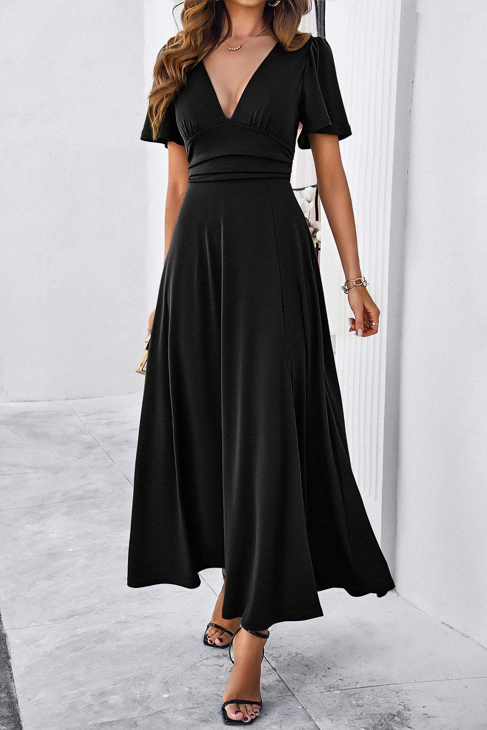 Slit V-Neck Short Sleeve Dress Black Casual Dresses - Tophatter Daily Deals