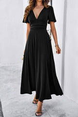 Slit V-Neck Short Sleeve Dress Black Casual Dresses - Tophatter Daily Deals