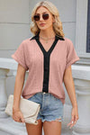 Eyelet Johnny Collar Short Sleeve T-Shirt Dusty Pink Women's T-Shirts - Tophatter Daily Deals