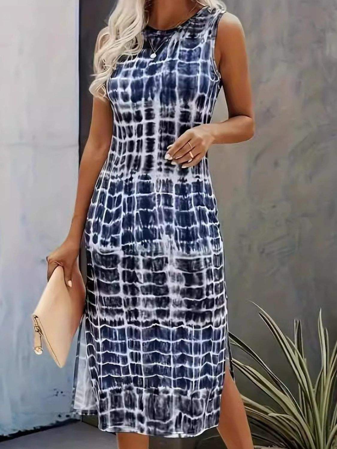 Slit Printed Round Neck Sleeveless Dress Dark Blue Casual Dresses - Tophatter Daily Deals