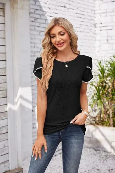 Eyelet Round Neck Petal Sleeve T-Shirt Black Women's T-Shirts - Tophatter Daily Deals
