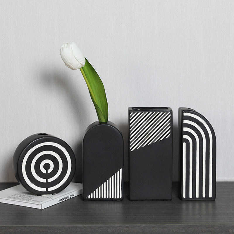 Black And White Striped Ceramic Dried Flower Vase Decorative Art Ornaments 0 - Tophatter Daily Deals