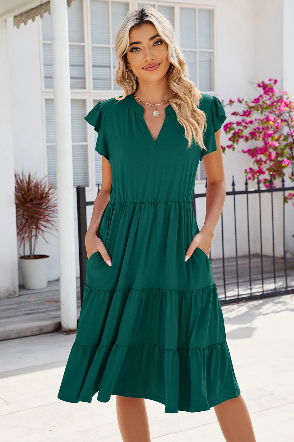 Ruched Notched Cap Sleeve Dress Green Casual Dresses - Tophatter Daily Deals