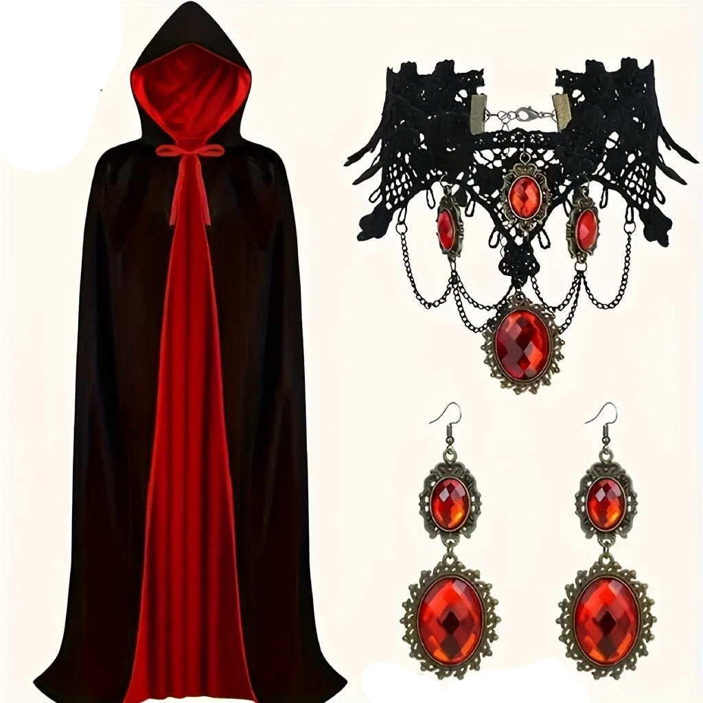 Halloween Vampire Cape Set with Necklace Earrings Hood Halloween - Tophatter Daily Deals