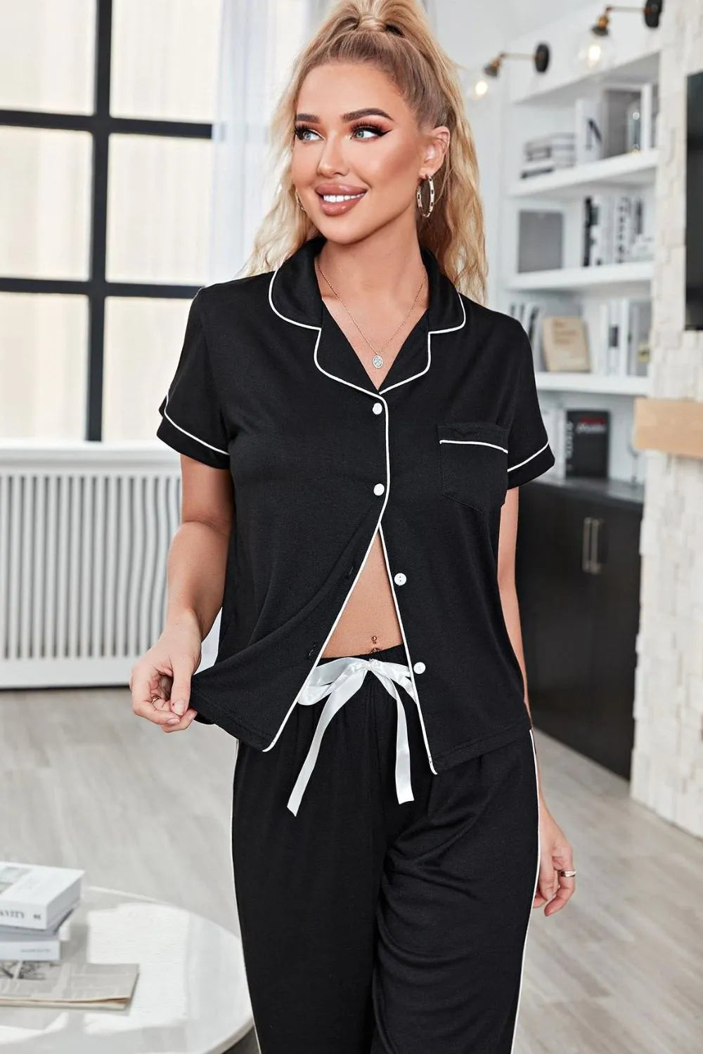 Contrast Piping Short Sleeve Top and Pants Pajama Set Loungewear Sets - Tophatter Daily Deals