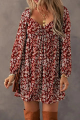 Ruched Printed Long Sleeve Mini Dress Burgundy L Casual Dresses - Tophatter Daily Deals