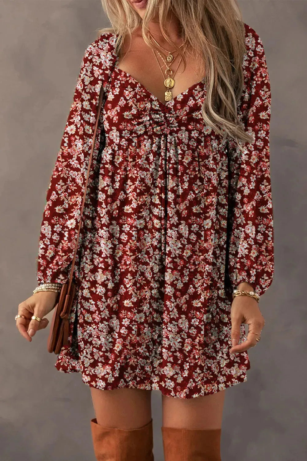 Ruched Printed Long Sleeve Mini Dress Burgundy L Casual Dresses - Tophatter Daily Deals