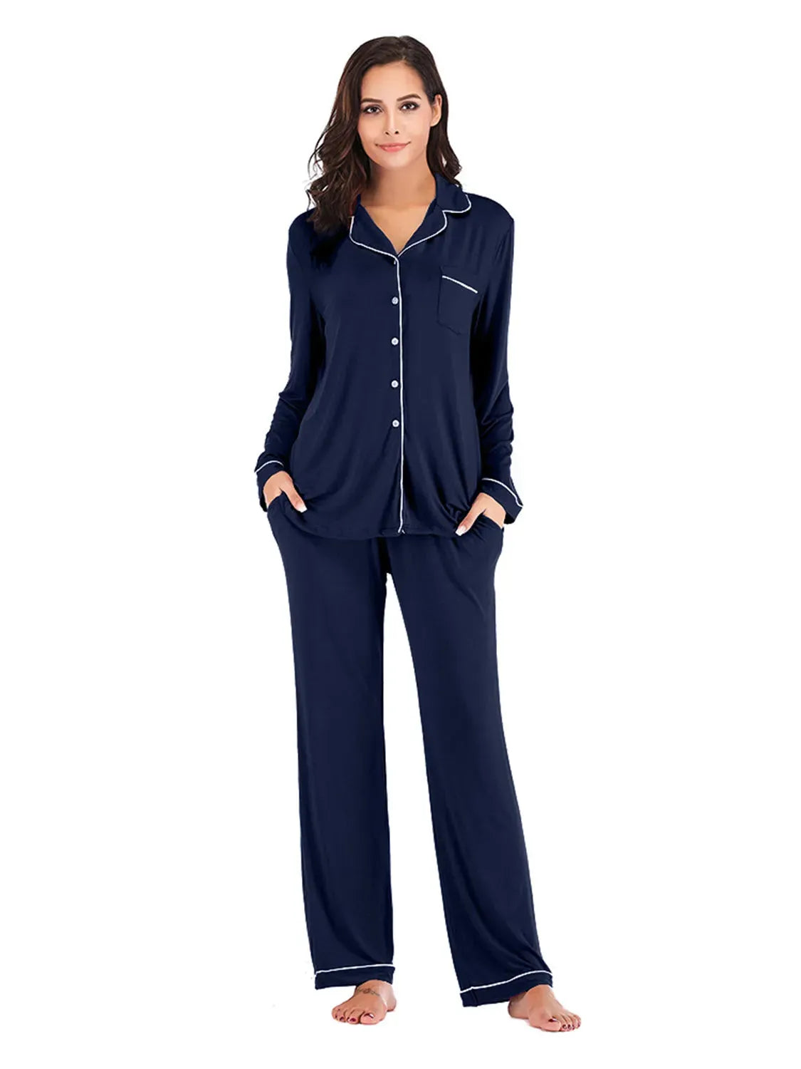 Collared Neck Long Sleeve Loungewear Set with Pockets Loungewear Sets - Tophatter Daily Deals