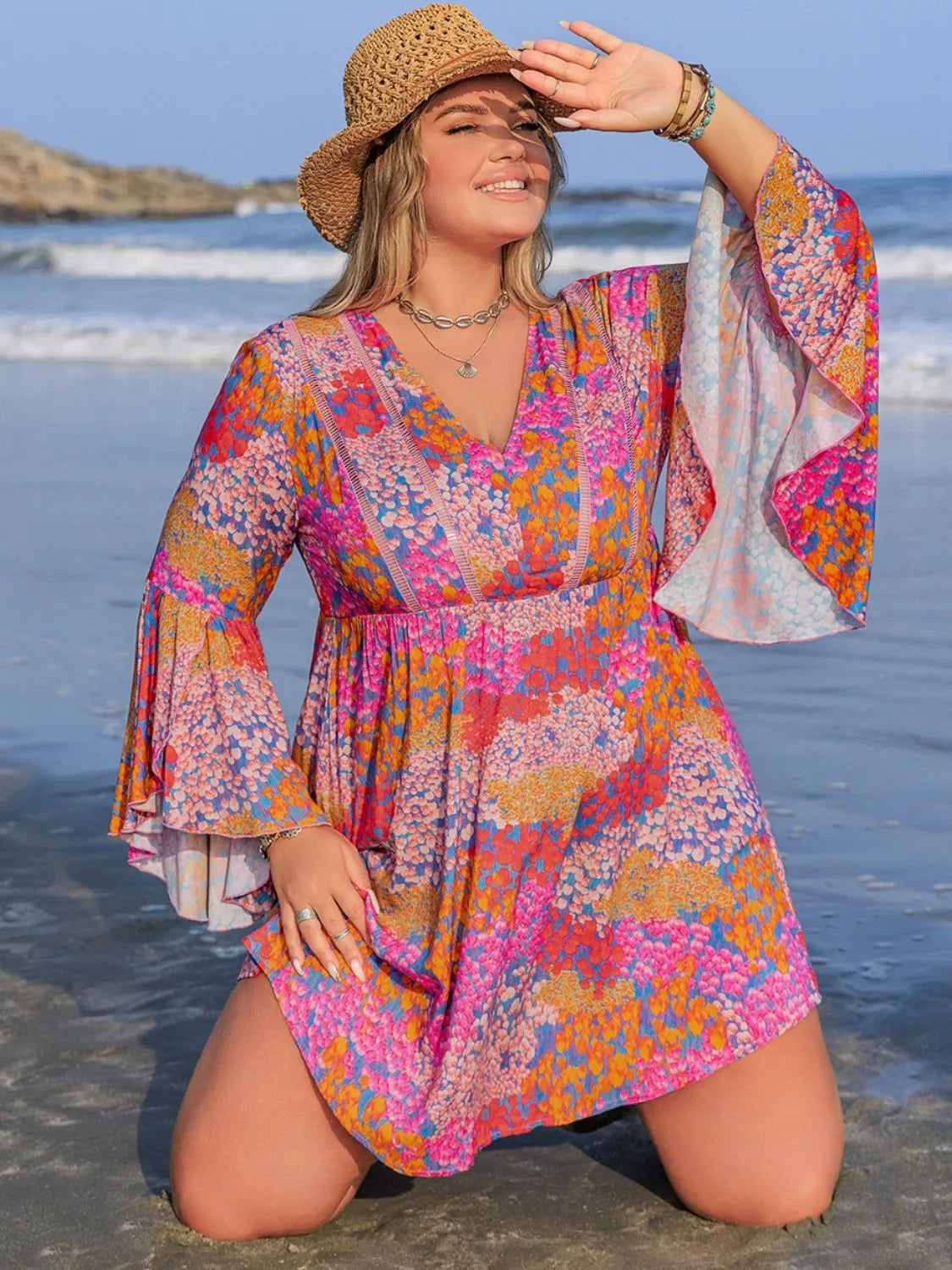 Plus Size Ruched Printed Long Sleeve Dress Scarlet Casual Dresses - Tophatter Daily Deals