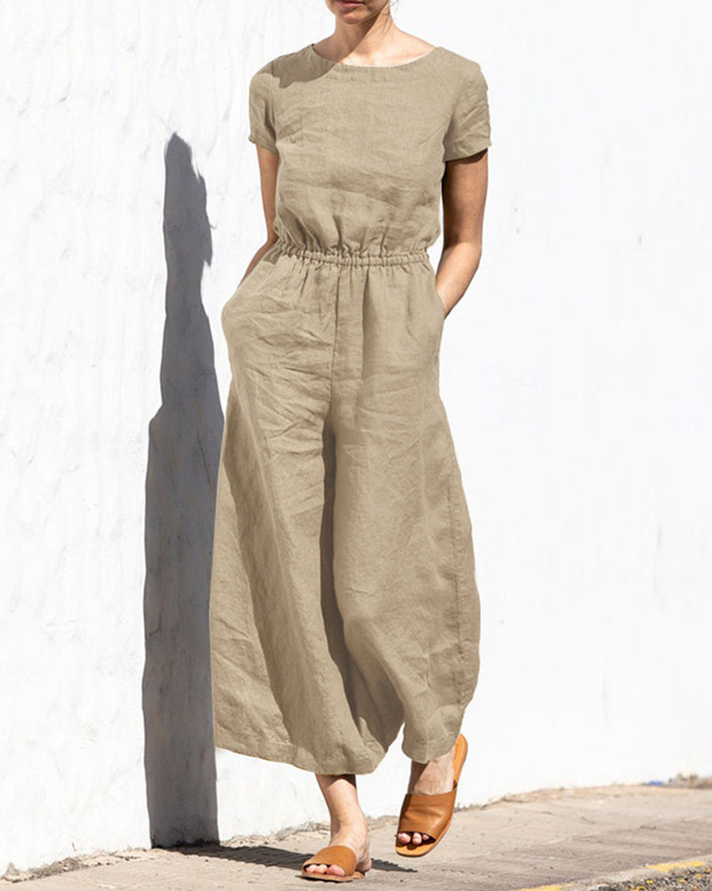 Cotton Linen Wide Leg Jumpsuit Apricot Jumpsuits & Rompers - Tophatter Daily Deals