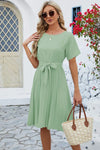 Pleated Tie Waist Short Sleeve Dress Casual Dresses - Tophatter Daily Deals