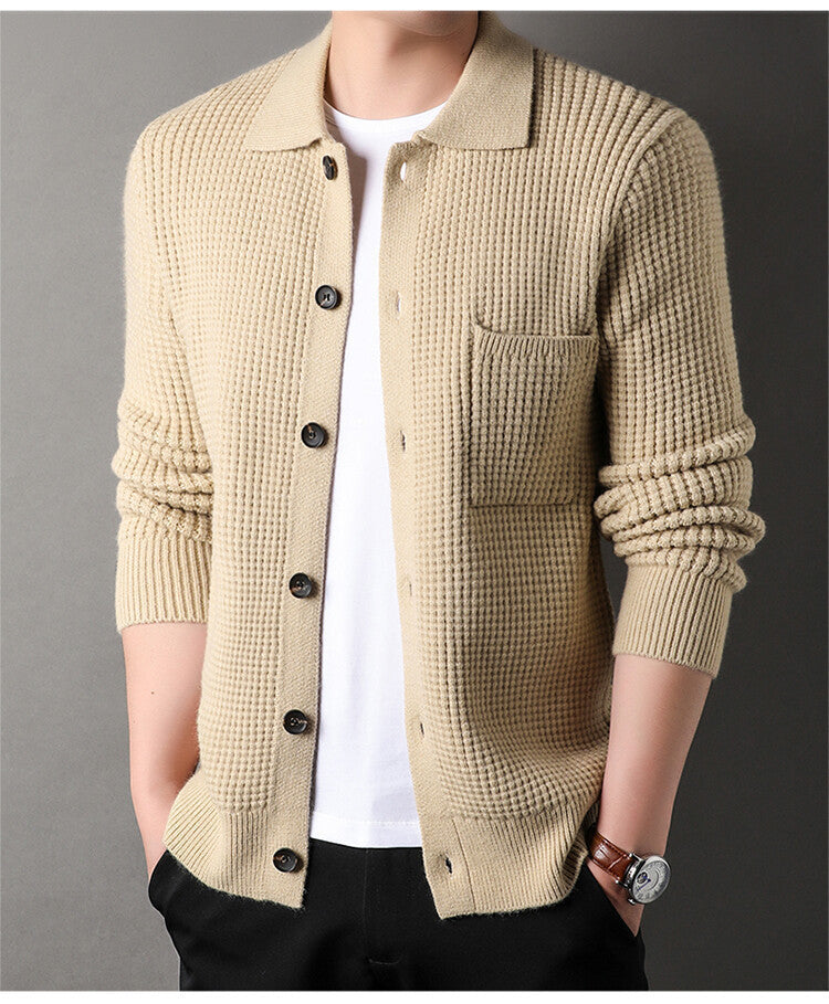 Warm Textured Men's Cardigan - Polo Lapel, Knit For Autumn Beige 3D Changing Face Moving Picture Frame - Tophatter Daily Deals
